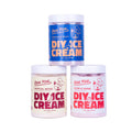 Three jars of DIY Ice Cream with colorful labels on a beige background
